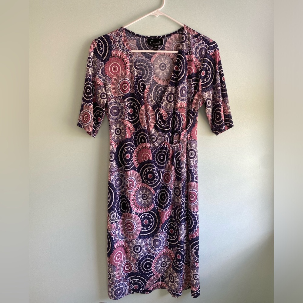 Women’s short-sleeved purple and pink patterned dress by Connected apparel; 4P